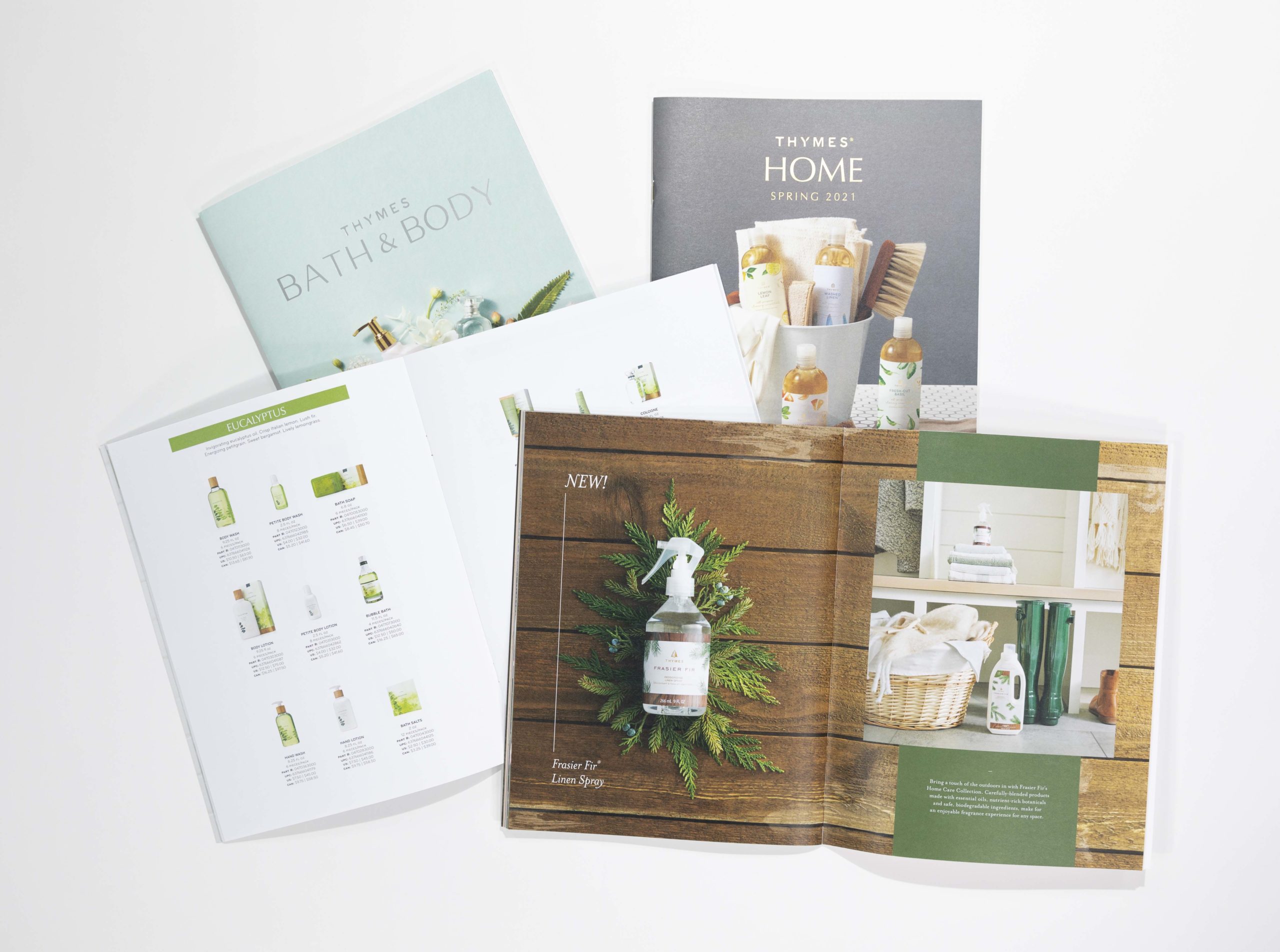 Thymes bath and body catalog with gold foil and saddle stitching